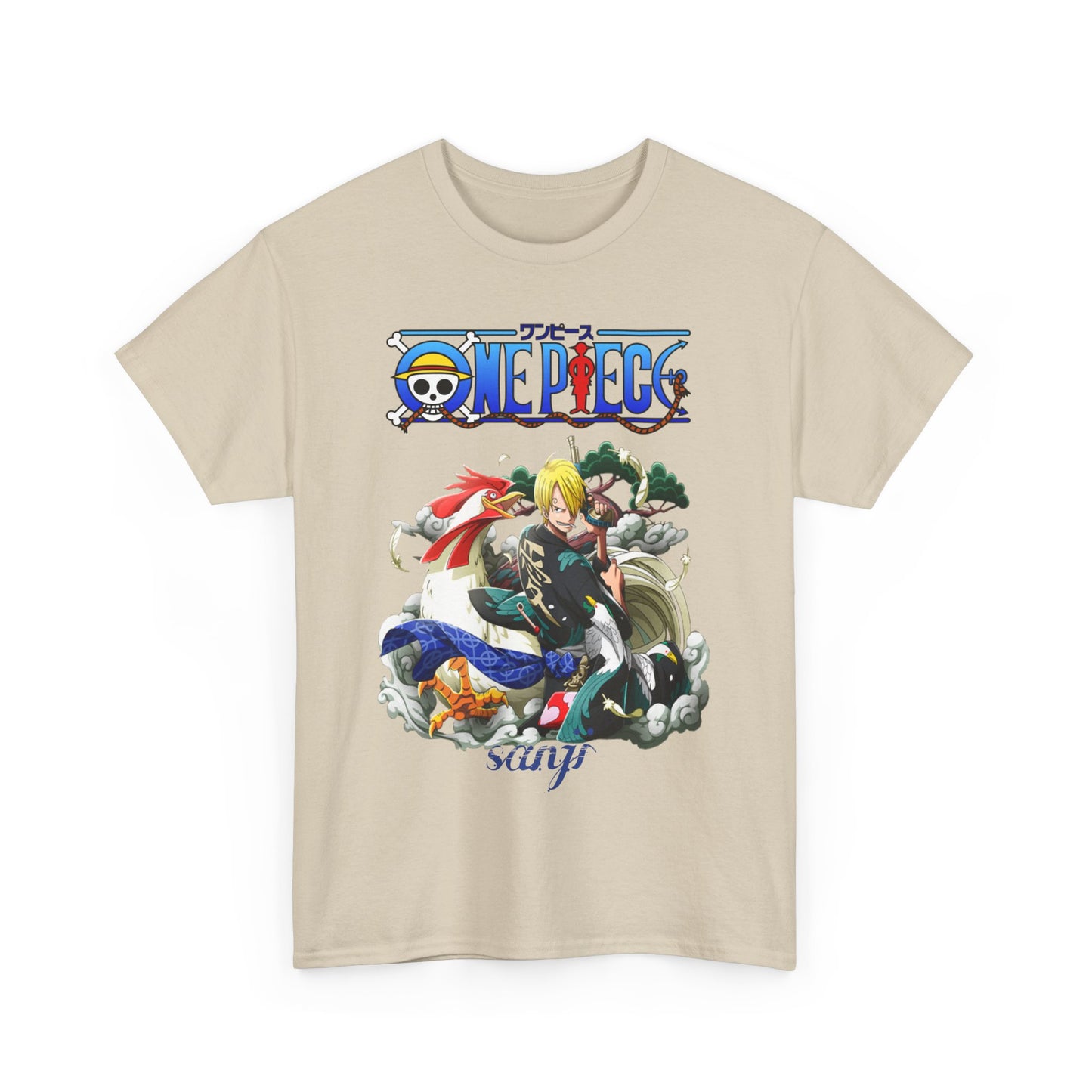 Chic beige men's t-shirt featuring an artistic depiction of Sanji from One Piece, capturing the character's essence and anime artistry.