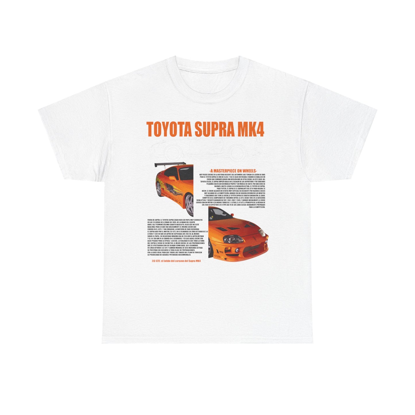Elegant white t-shirt featuring the iconic Toyota Supra MK4 graphic design, showcasing a vibrant orange sports car illustration and detailed description of its performance and legacy.
