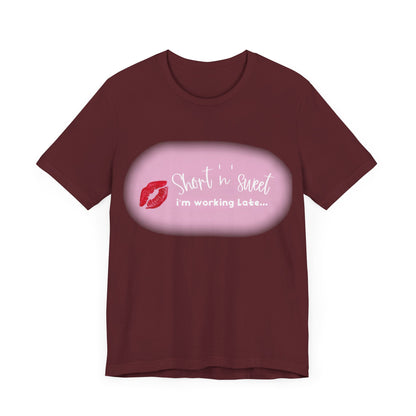 Sabrina Carpenter Inspired Unisex Short Sleeve Tee featuring a vibrant lipstick print in a luxurious maroon hue, ideal for showcasing style and personality.