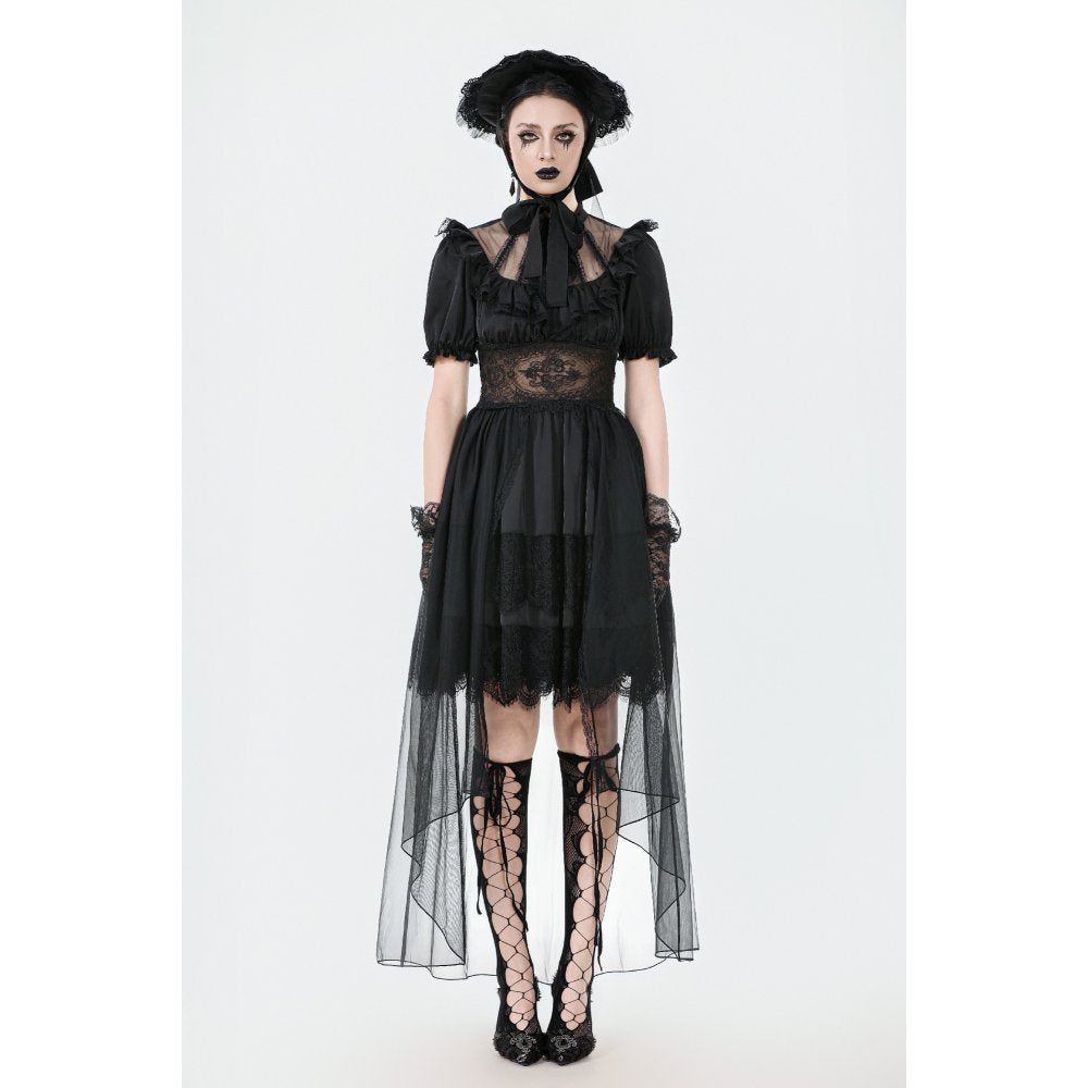 High-low mesh and lace gothic gown cascading elegantly, showcasing a dramatic silhouette for gothic tea parties and alternative weddings.