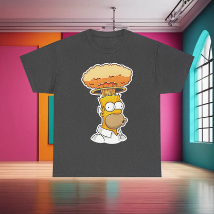 Homer Mind Blown Graphic T-Shirt Urban Unisex Cotton Tee displayed against a vibrant modern backdrop, showcasing a whimsical design featuring Homer Simpson with a nuclear mushroom cloud above his head in captivating colours.
