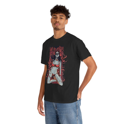 Stylish individual showcasing the La Muerte graphic t-shirt with a captivating sugar skull illustration, paired with casual jeans for a trendy look.