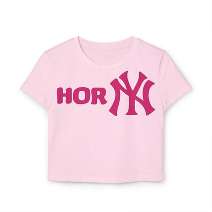 Close-up of the 100% Organic Cotton Playful Yankees Women's Cropped T-Shirt showing its soft texture - comfort meets cheeky charm!