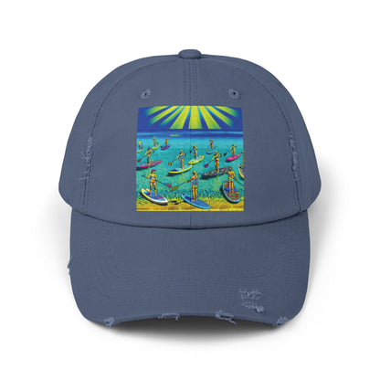 Unisex Distressed Paddleboarders Cap showcasing a vibrant paddleboarding scene under a sunny sky, perfect for stylish sun protection for water enthusiasts.