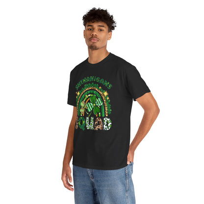 Model showcasing the St Patricks Day Unisex Men's Women's Graphic Cotton Funny T Shirt Tee Vintage, designed with vibrant 'Shenanigans Squad' text and festive illustrations.