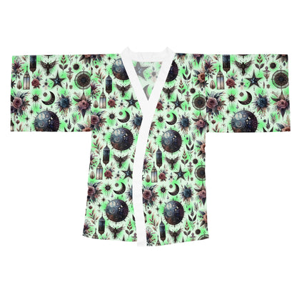 Floral Kimono Robe shown flat with a fresh mint green floral design and white trims, embodying stylish relaxation and designer comfort.