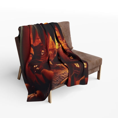 Decorative and Warm Halloween Spooky Arctic Fleece Blanket draped over a luxurious couch, highlighting its festive Halloween design and comfortable feel.