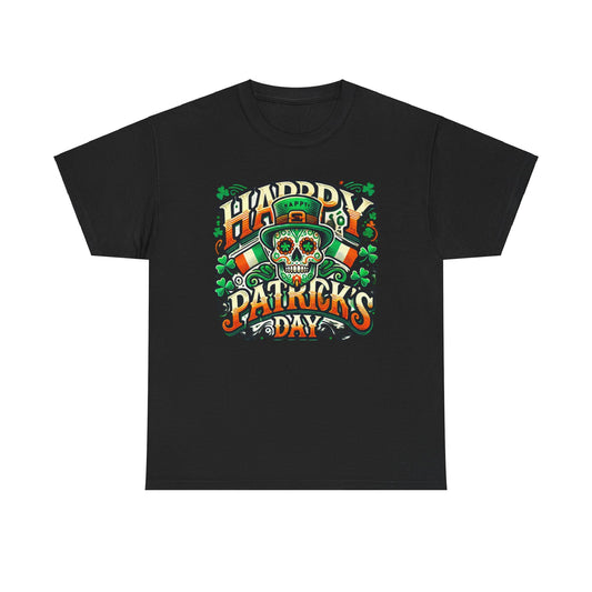 St Patricks Day Unisex Men's Women's Graphic Cotton Funny T Shirt Tee Vintage showcasing an elegant sugar skull wearing a leprechaun hat, with rich Irish themes and colourful designs, ideal for a sophisticated St. Patrick’s Day celebration.