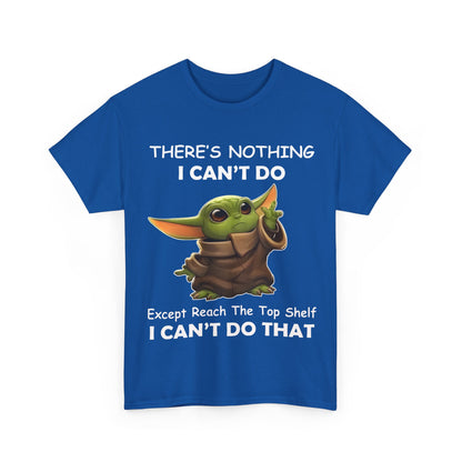 Front view of a sophisticated unisex tee shirt in royal blue, exhibiting Grogu, The Child, Baby Yoda Mandalorian humorous graphic text design.