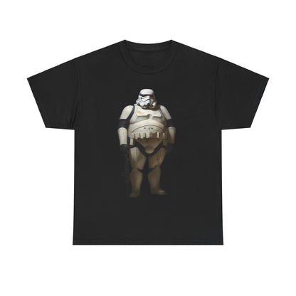 Chubby Stormtrooper Graphic Unisex Graphic Tee Shirt displayed in black, featuring a whimsical design of a larger-than-life Stormtrooper, blending nostalgia with modern flair.