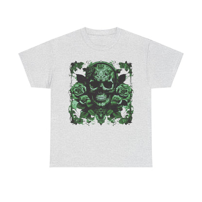 Light grey variant of the Skulls and Roses Cotton Tee featuring a captivating green skull and rose design, ideal for stylish alternative wear.