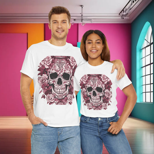 Skulls and Roses Cotton Tee – Unisex Graphic Shirt displayed on a couple, featuring a striking skull and rose print on a white background, ideal for unique style lovers.