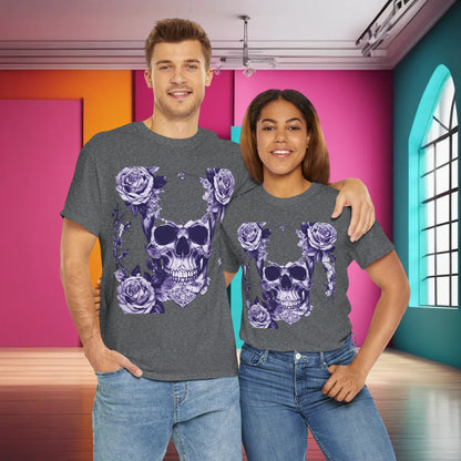 A couple wearing matching Skulls and Roses Cotton Tees, illustrating the versatility and stylish appeal of this luxurious unisex graphic shirt.