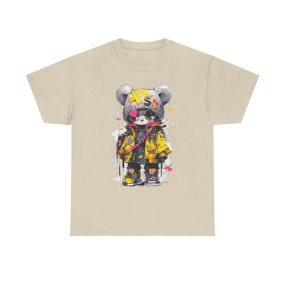 Sophisticated beige t-shirt displaying a unique panda bear character in trendy streetwear, featuring colourful details and a striking design, perfect for a statement piece in contemporary fashion.