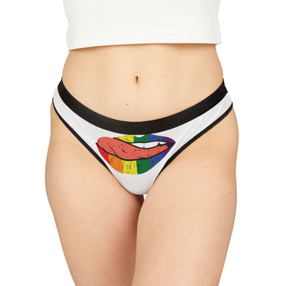 Luxurious women's graphic thong featuring a vibrant rainbow mouth illustration, embodying cheeky romance and playful elegance, perfect for intimate moments and special celebrations.
