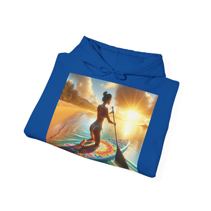 Fantasy Paddleboarding Unisex Hooded Sweatshirt presented in a stylish angle with a captivating front design of a woman paddleboarding at sunset, embodying elegance and adventure.