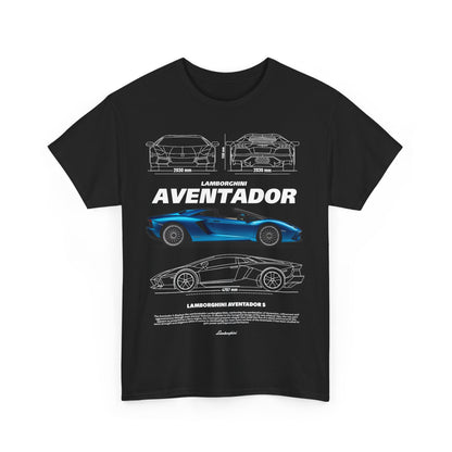Sophisticated black T-shirt featuring an intricate graphic of the Lamborghini Aventador S, exuding style and automotive elegance.