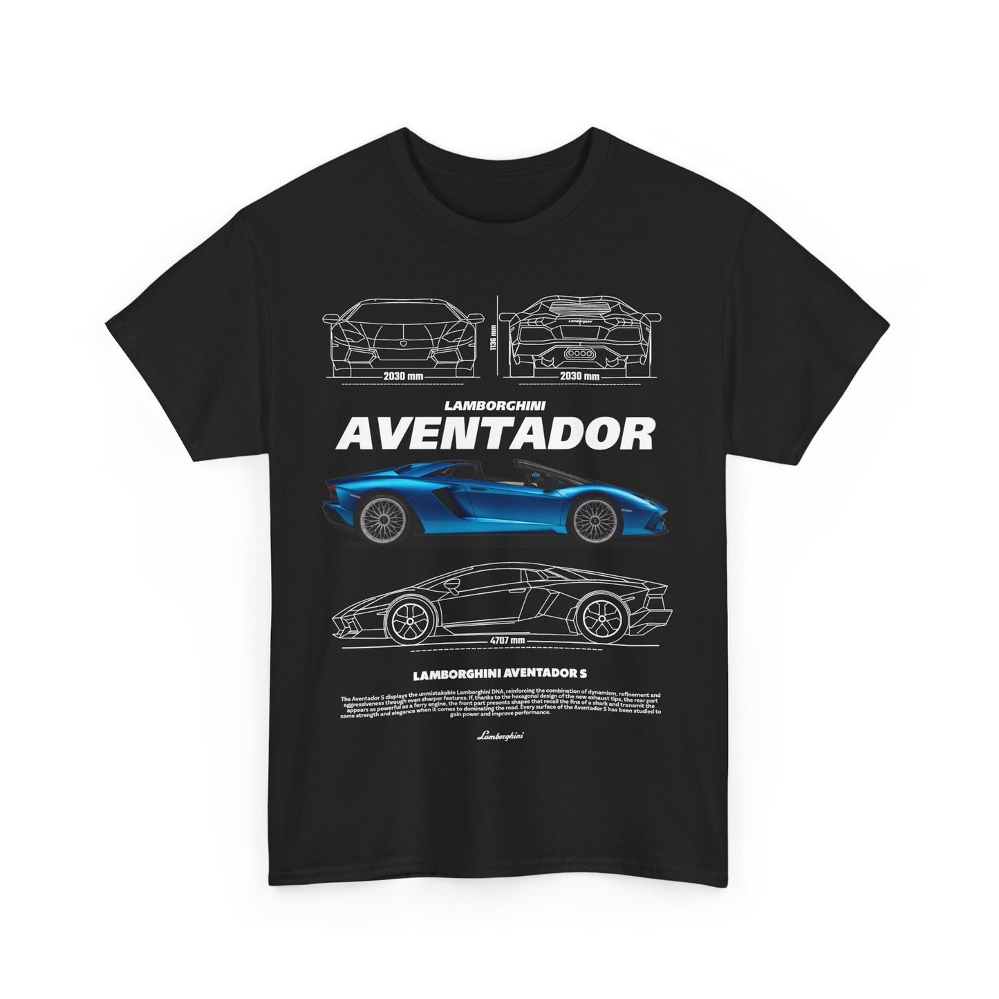 Stylish black men's t-shirt showcasing a vibrant graphic design featuring the iconic Lamborghini Aventador, perfect for car enthusiasts.