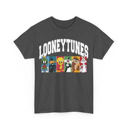 Stylish Looney Tunes Graphic T-Shirt in heather charcoal featuring iconic characters in a dazzling array of colour panels, perfect for a fashion-forward look.