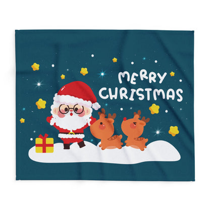 Vibrant Decorative and Warm Christmas Arctic Fleece Blanket depicting a joyful Santa Claus and two reindeer, paired with a 'Merry Christmas' message, adding charm to any holiday setting.