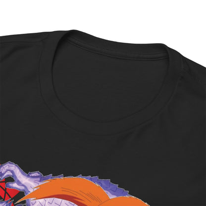 Close-up of the luxurious black T-shirt's neckline, showcasing premium fabric and intricate anime artwork.