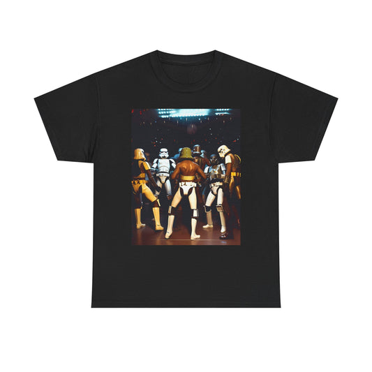 Sophisticated black t-shirt showcasing an artistic depiction of Stormtroopers in an engaging dance, ideal for fans of the Star Wars saga.