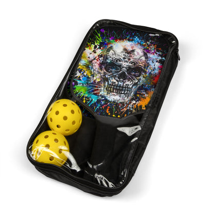 Urban Splash Skull Pickleball Kit in a sleek carrying case showcasing two premium paddles with striking skull designs and yellow balls, perfect for on-the-go gameplay.