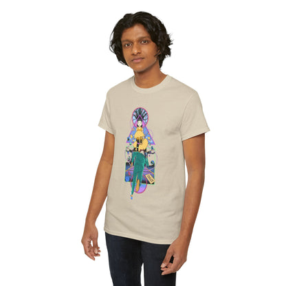 Sophisticated male model showcasing an artistic Squid Game-inspired t-shirt, combining chic design with a relaxed silhouette for modern style.