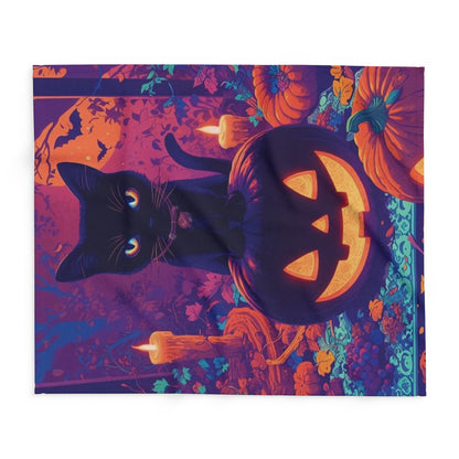 Close-up view of the Decorative and Warm Halloween Spooky Arctic Fleece Blanket showcasing a detailed illustration of a black cat, jack-o'-lantern, and autumnal elements, ideal for seasonal comfort.