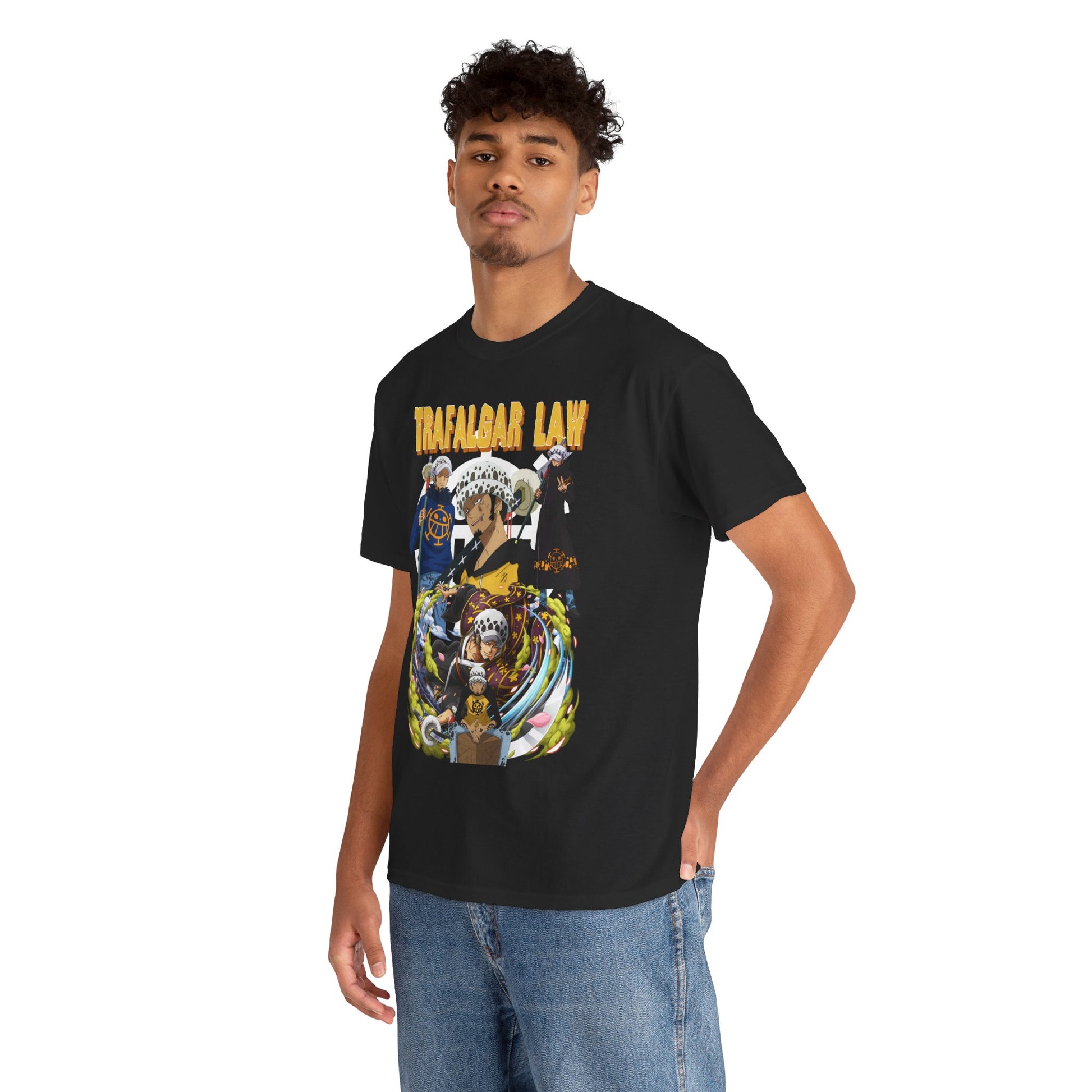 Elegant black T-shirt featuring a vivid graphic of Trafalgar Law from One Piece, showcasing dynamic artwork with colourful elements, perfect for anime enthusiasts.