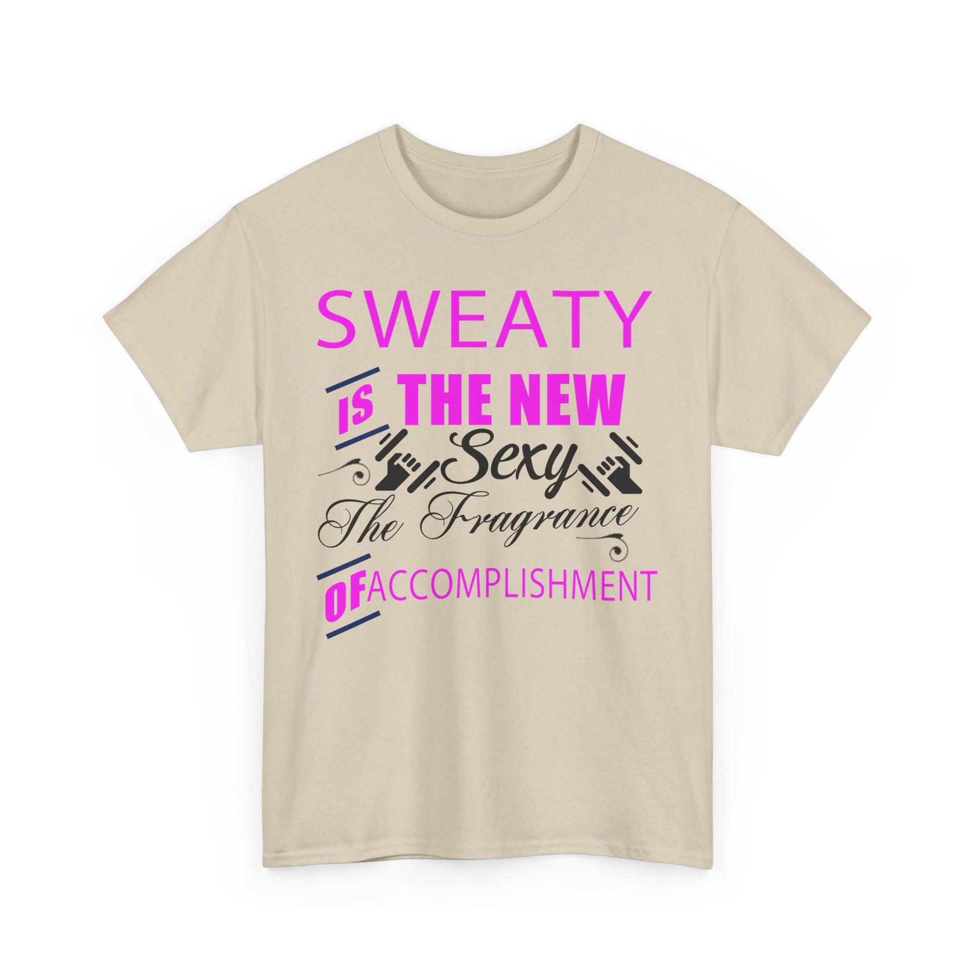 Stylish beige women's t-shirt featuring motivational graphic 'SWEATY IS THE NEW SEXY', perfect for fitness enthusiasts.