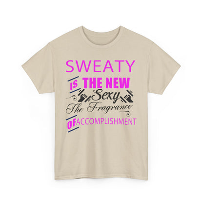 Stylish beige women's t-shirt featuring motivational graphic 'SWEATY IS THE NEW SEXY', perfect for fitness enthusiasts.