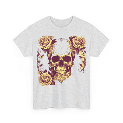 Front view of the Skulls and Roses Cotton Tee, featuring a striking steampunk skull and roses design, perfect for alternative fashion enthusiasts.