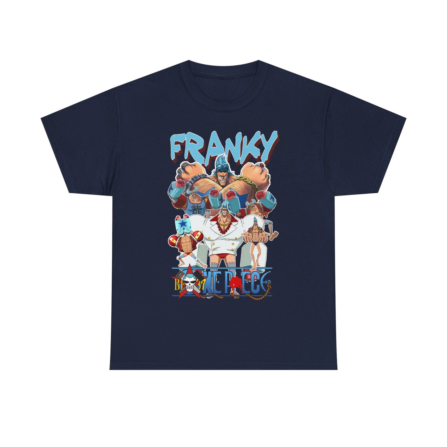 Sleek navy blue t-shirt showcasing a captivating 'One Piece' Franky design, featuring bold typography and vivid characters, a must-have for discerning anime lovers who appreciate unique fashion.