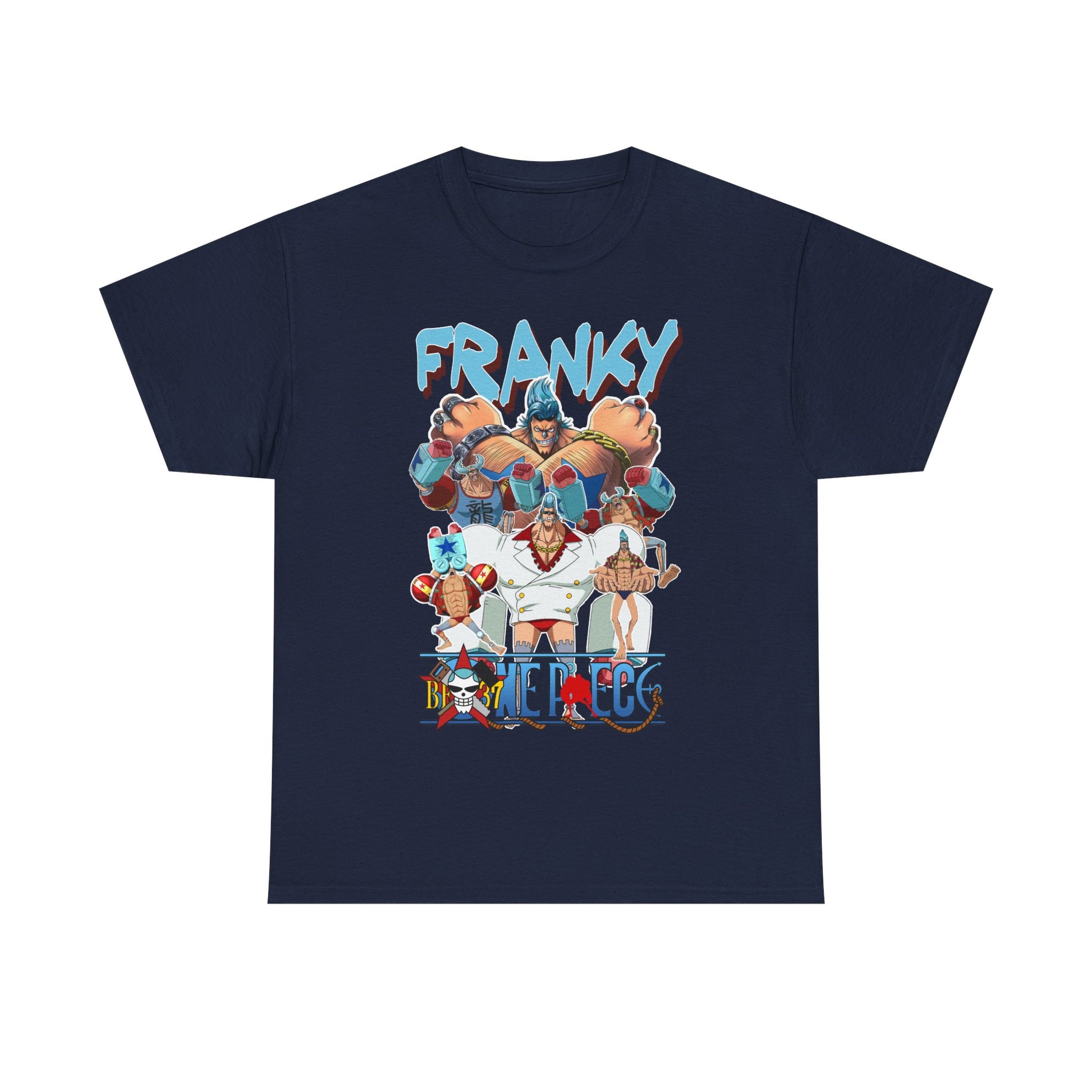Sleek navy blue t-shirt showcasing a captivating 'One Piece' Franky design, featuring bold typography and vivid characters, a must-have for discerning anime lovers who appreciate unique fashion.