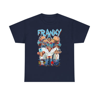 Sleek navy blue t-shirt showcasing a captivating 'One Piece' Franky design, featuring bold typography and vivid characters, a must-have for discerning anime lovers who appreciate unique fashion.