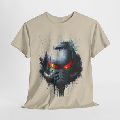 Luxury unisex graphic t-shirt featuring a striking close-up design of a futuristic helmet with vibrant red eyes, set against a textured backdrop of grey and black splatters, perfect for stylish casual wear.
