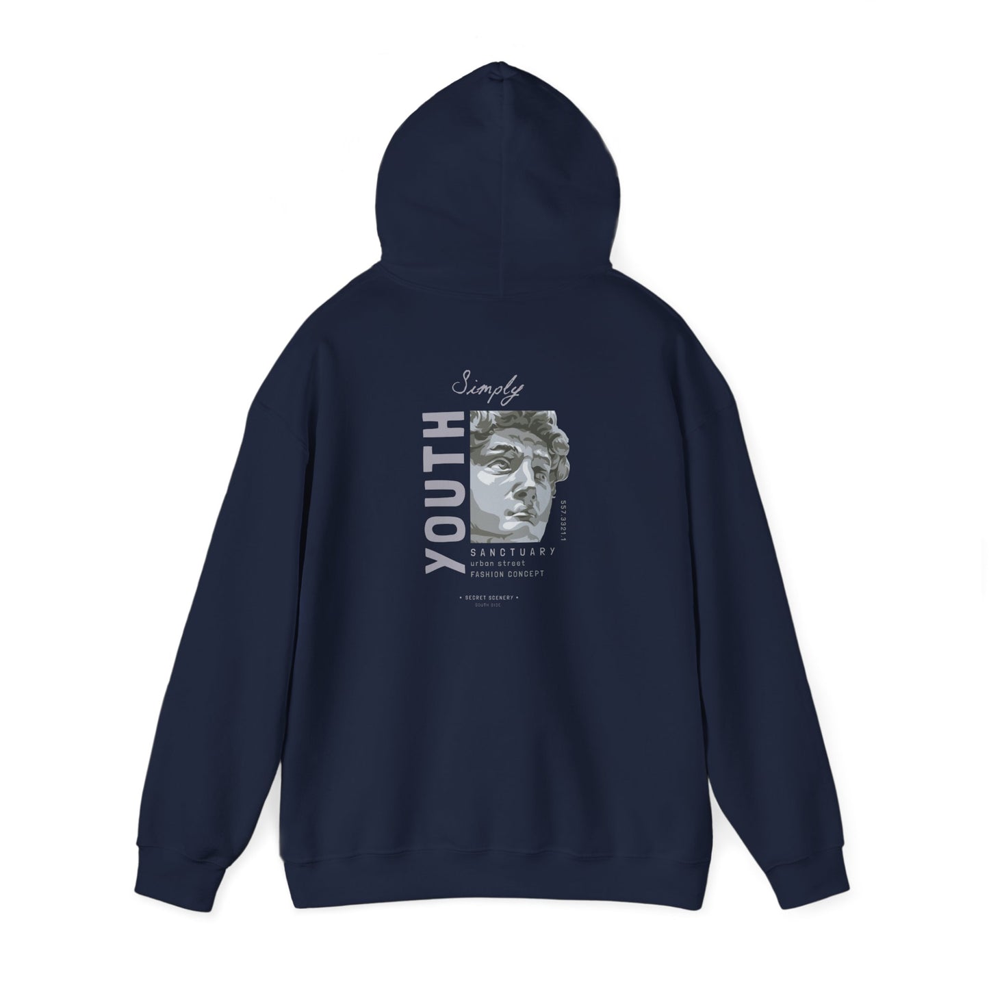 Navy Urban Sanctuary hoodie featuring a graphic design of a sculpted bust and the word 'YOUTH', elegantly paired with 'Simply', reflecting modern street fashion allure.