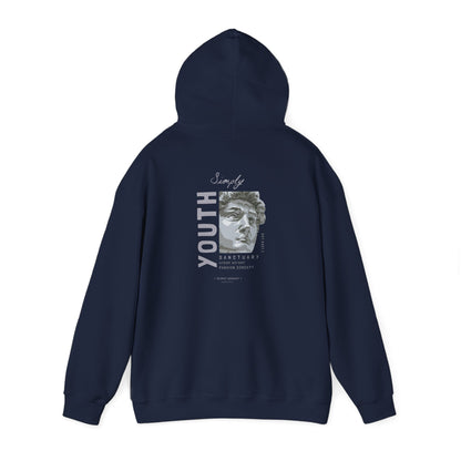 Navy Urban Sanctuary hoodie featuring a graphic design of a sculpted bust and the word 'YOUTH', elegantly paired with 'Simply', reflecting modern street fashion allure.