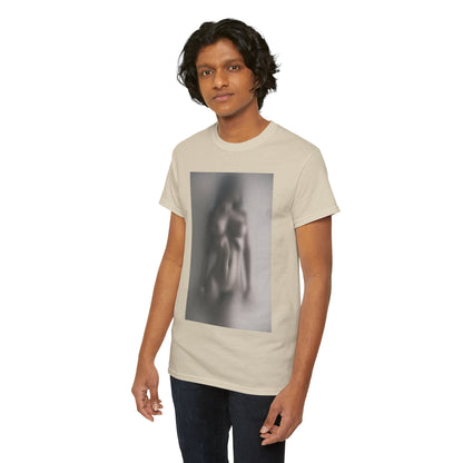 Sophisticated beige graphic tee showcasing an artistic depiction of a blurred figure, worn by a young man, ideal for making a fashion statement.