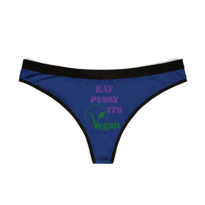 Luxurious women's cheeky thong in vibrant blue featuring playful vegan-themed text, combining style and eco-friendly fashion.