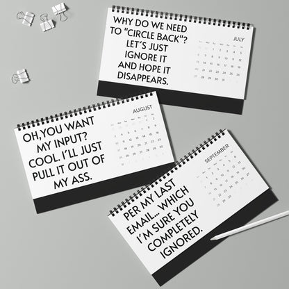 2025 Humorous Desktop Calendar for Work with Cheeky Quotes arranged on a stylish desk, displaying cheeky office quotes for July, August, and September, ideal for lightening the mood at the workplace.