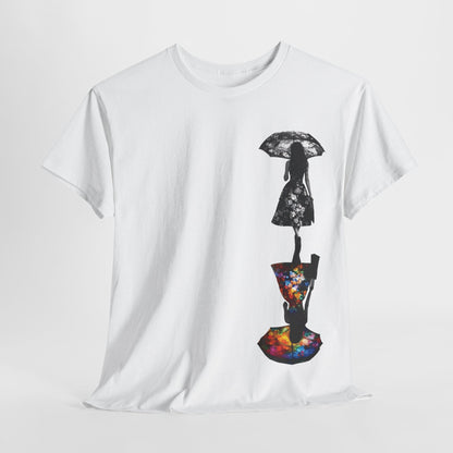 Elegant Duality Dreams Unisex T-Shirt in white, showcasing an artistic floral design with a black-and-white silhouette of a woman and a vibrant contrasting figure below, epitomising sophisticated graphic apparel.