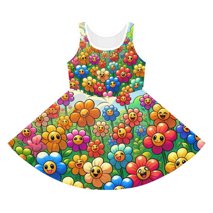 Sophie Buttonwood Girls AOP Pencil Dress featuring a vibrant cartoon floral design, showcasing cheerful flowers in a vivid meadow print, perfect for summer fun and stylish outings.