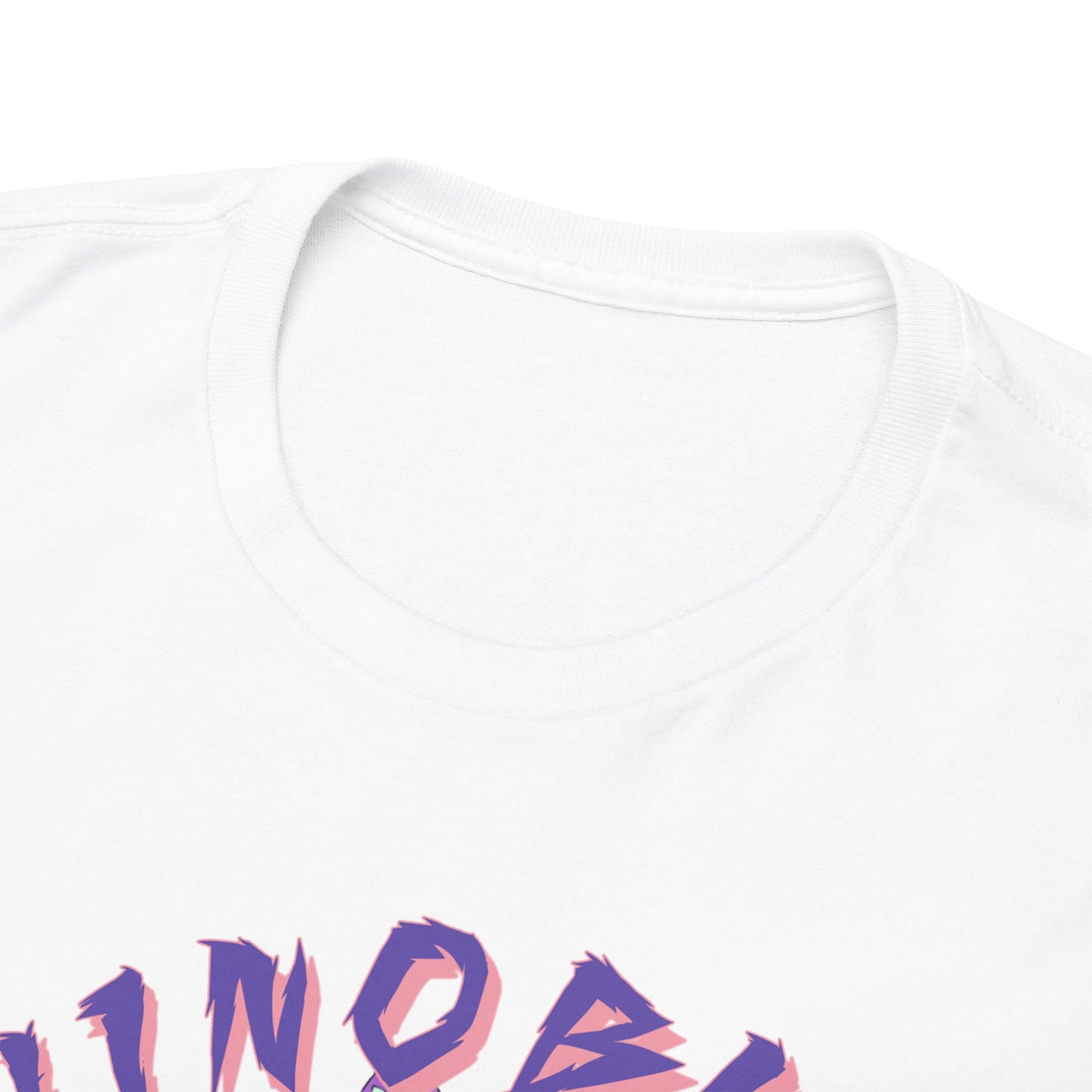 Close-up view of a premium white T-shirt neckline detailing, showcasing superior quality craftsmanship for anime enthusiasts.