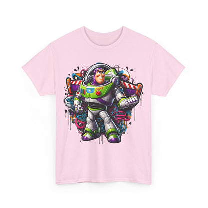 Front view of the Buzz Lightyear Graffiti Unisex Graphic Tee featuring a vibrant space ranger design, beautifully illustrated in graffiti style against a soft pink background.