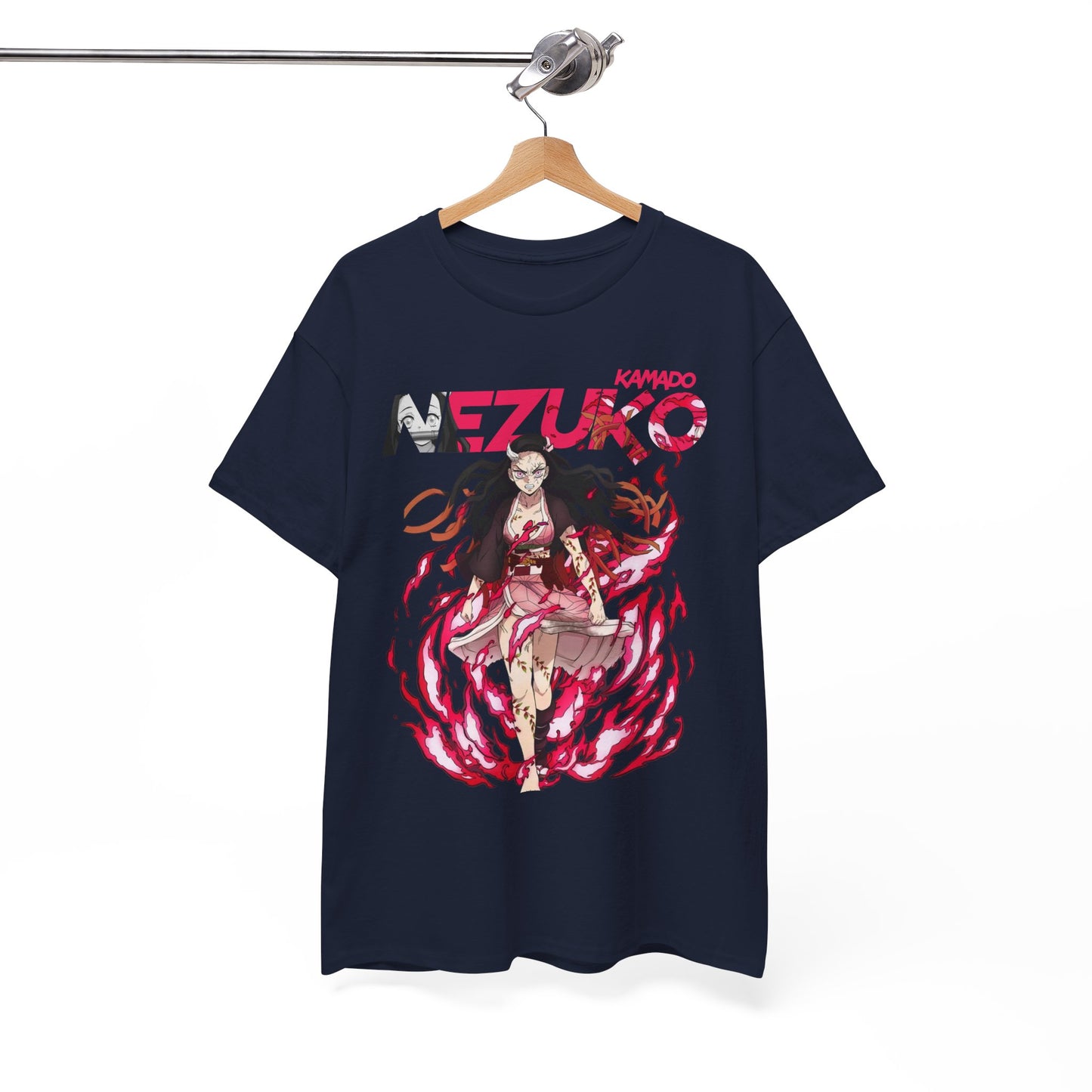 High-quality Nezuko Kamado T-shirt displayed on a hanger, featuring an artistic portrayal of an anime character, symbolising trendy streetwear.