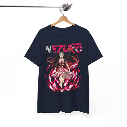 High-quality Nezuko Kamado T-shirt displayed on a hanger, featuring an artistic portrayal of an anime character, symbolising trendy streetwear.