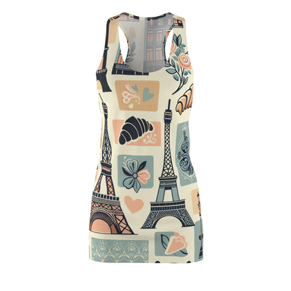 Valentina Bordeaux Paris Dress - Stylish pastel racerback featuring iconic Eiffel Tower design and charming Parisian elements like vintage buildings and croissants.