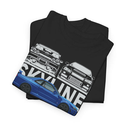 Folded black T-shirts featuring stylish Nissan Skyline GT-R graphics, elegantly showcasing automotive artistry, ideal for collectors and fashion-forward automotive lovers.